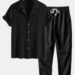Waffle Textured Cuban Shirt & Straight Leg Linen Pants Set