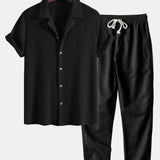 Waffle Textured Cuban Shirt & Straight Leg Linen Pants Set