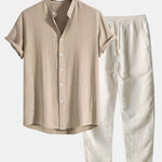 Linen and Rayon Blend Stand Collar Shirt & Linen Pants Set