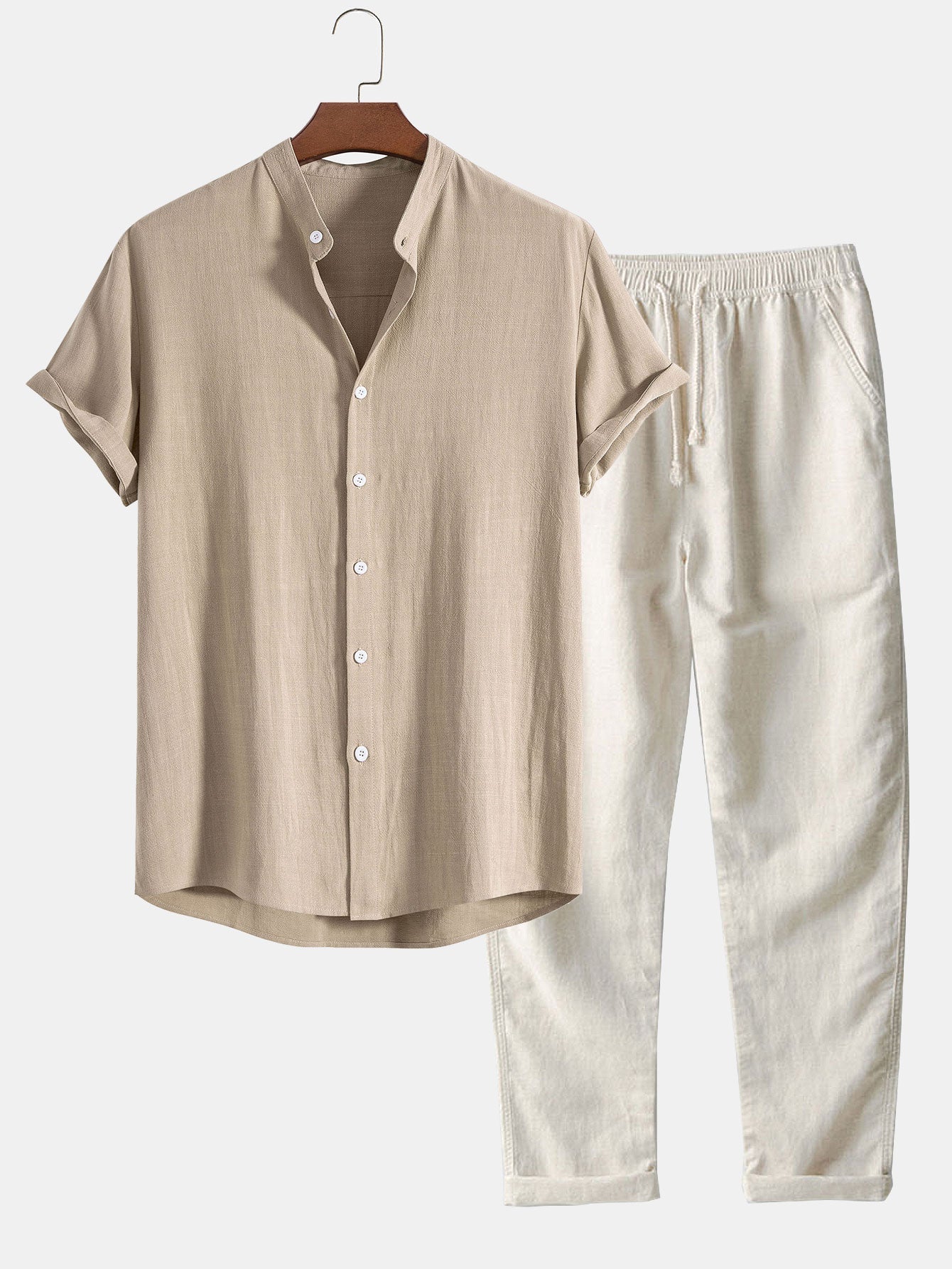 Linen and Rayon Blend Stand Collar Shirt & Linen Pants Set