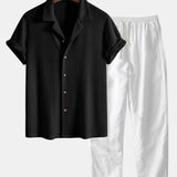 Short Sleeve Knitted Waffle Cuban Shirt & Straight Leg Linen Pants Set