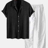 Texture Jacquard Cuban Shirt & Straight Leg Linen Pants Set