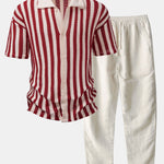 Drop Shoulder Stripe Crochet Shirt & Straight Leg Linen Pants Set