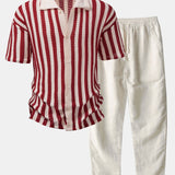 Drop Shoulder Stripe Crochet Shirt & Straight Leg Linen Pants Set