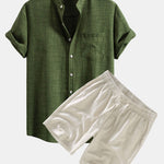 Short Sleeve Stand Collar Shirt & Linen Drawstring Shorts Set