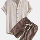 V Neck Linen Rayon Blend Shirt & Linen Cotton Blend Drawstring Shorts Set