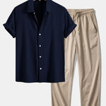 Geometric Jacquard Shirt & Crinkle Textured Straight Leg Pants Set