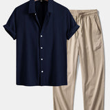 Geometric Jacquard Shirt & Crinkle Textured Straight Leg Pants Set