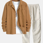 Long Sleeve Corduroy Cuban Collar Shirt & Straight Leg Linen Pants Set
