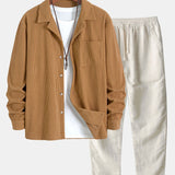 Long Sleeve Corduroy Cuban Collar Shirt & Straight Leg Linen Pants Set