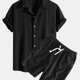Geometric Jacquard Eyelet Cuban Shirt & Linen Cotton Blend Shorts Set