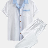 Textured Contrast Cuban Shirt & Straight Leg Pants Set