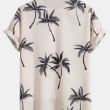 Palm Tree Print Shirt & Linen Cotton Blend Drawstring Shorts Set