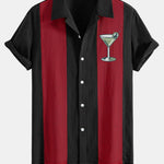Vintage Martini Cocktail Print Linen Patchwork Bowling Shirt