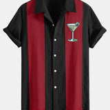 Vintage Martini Cocktail Print Linen Patchwork Bowling Shirt