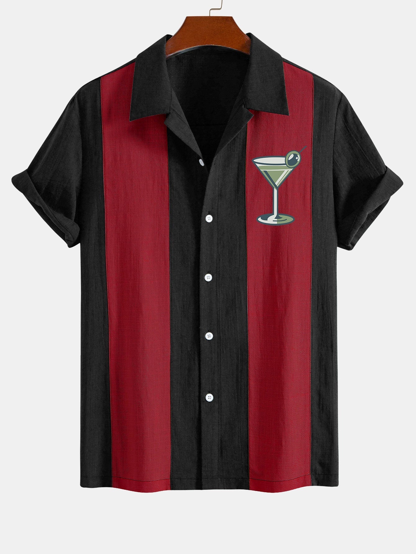 Vintage Martini Cocktail Print Linen Patchwork Bowling Shirt
