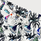 Linen Rayon Blend Shirt & Palm Tree Sailboat Print Swim Shorts Set