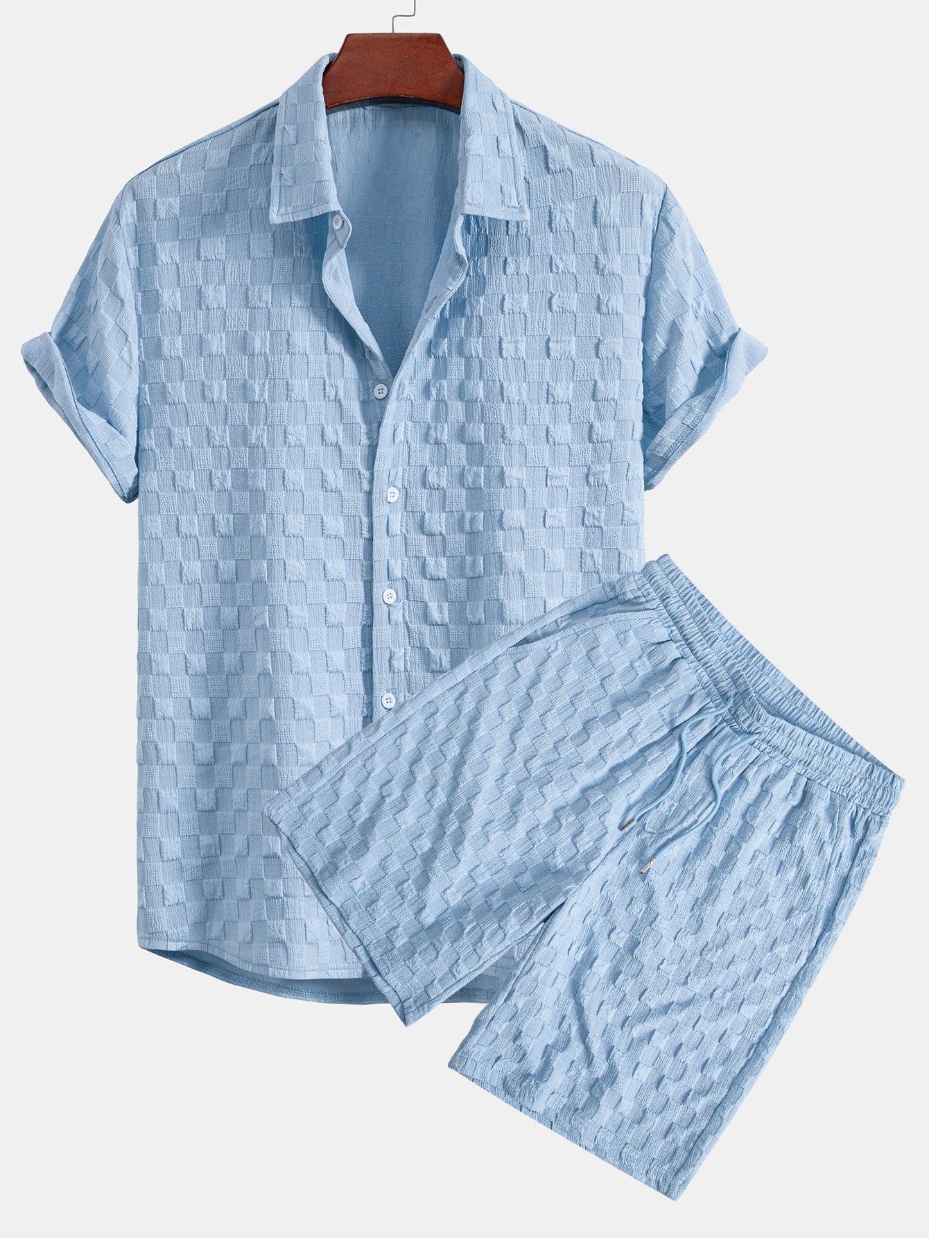 Checkerboard Jacquard Shirt & Drawstring Shorts Set