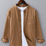 Long Sleeve Linen Cotton Stand Collar Shirt with Pocket