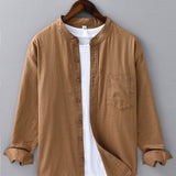 Long Sleeve Linen Cotton Stand Collar Shirt with Pocket