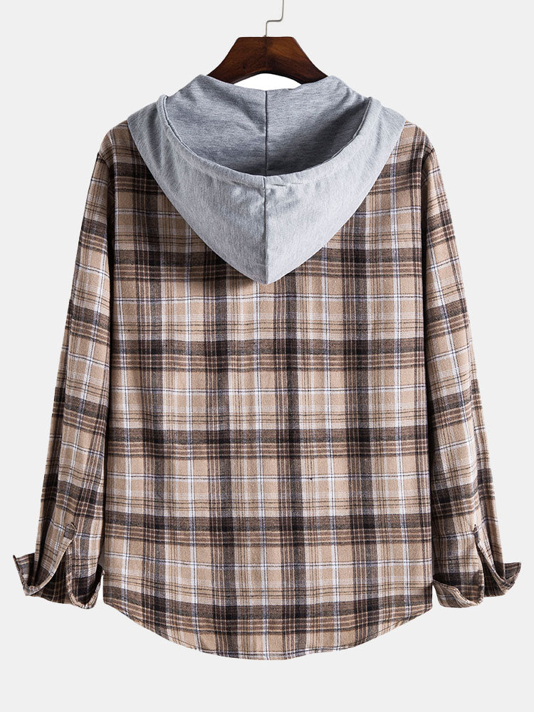 Contrast Hooded Drawstring Plaid Shirt
