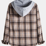 Contrast Hooded Drawstring Plaid Shirt