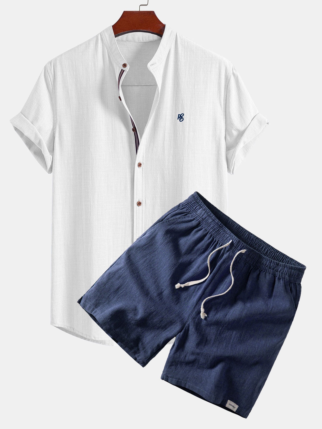 Short Sleeve Linen Shirt & Linen Blend Drawstring 7" Shorts Set