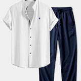 Short Sleeve Linen Stand Collar Shirt & Crinkle Textured Pants Set