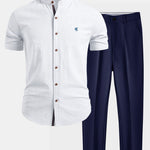 Short Sleeve Linen Stand Collar Shirt & Slim Fit Tapered Trousers Set