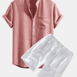Short Sleeve Stand Collar Shirt & Linen Drawstring Shorts Set