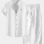 Short Sleeve Linen Stand Collar Shirt & Straight Leg Linen Pants Set