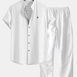 Short Sleeve Linen Stand Collar Shirt & Straight Leg Linen Pants Set