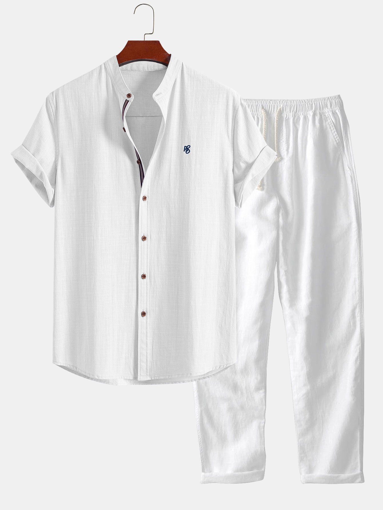 Short Sleeve Linen Stand Collar Shirt & Straight Leg Linen Pants Set