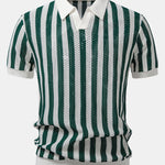 Stripe Johnny Collar Open Knit Polo & Straight Leg Linen Pants Set