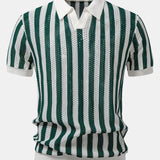 Stripe Johnny Collar Open Knit Polo & Straight Leg Linen Pants Set
