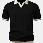 Contrast Trim Ribbed Johnny Collar Knit Polo & Tapered Trousers Set