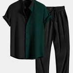 Two Tone Muscle Fit Ribbed Stand Collar Shirt & Ribbed Pants Set