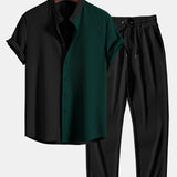 Two Tone Muscle Fit Ribbed Stand Collar Shirt & Ribbed Pants Set