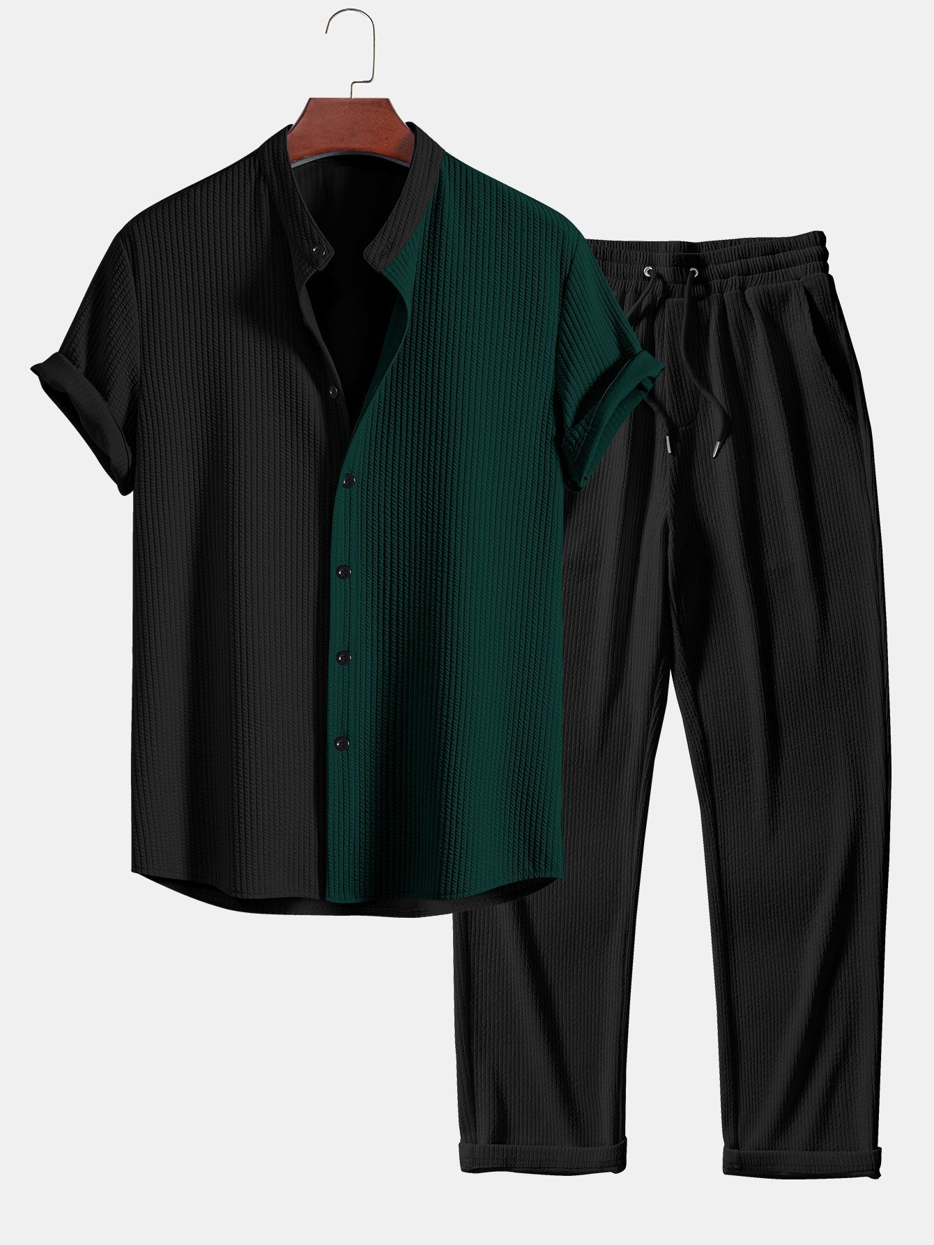 Two Tone Muscle Fit Ribbed Stand Collar Shirt & Ribbed Pants Set