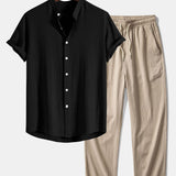 Linen and Rayon Blend Stand Collar Shirt & Wrinkle Textured Pants Set