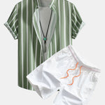 Striped Button Up Shirt & Man Mid Length Drawstring Swim Shorts Set
