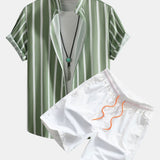Striped Button Up Shirt & Man Mid Length Drawstring Swim Shorts Set