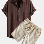 Linen Rayon Blend Shirt & Linen Cotton Blend Drawstring Shorts Set