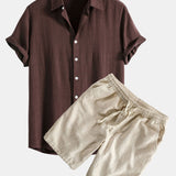 Linen Rayon Blend Shirt & Linen Cotton Blend Drawstring Shorts Set