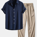 Linen Rayon Blend Shirt & Wrinkle Textured Straight Leg Pants Set
