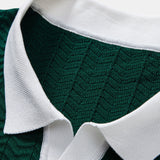 Texture Contrast Knitted V Neck Polo Shirt & Tapered Trousers Set