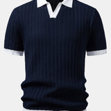 Contrast Textured Johnny Collar Knit Polo & Elastic Waist Trousers Set