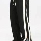 Color Block Patchwork Polo Sweatshirt & Slit Hem Stripe Pants Set