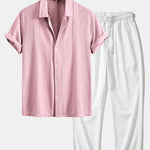 Geometric Jacquard Shirt & Crinkle Textured Straight Leg Pants Set