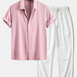 Geometric Jacquard Shirt & Crinkle Textured Straight Leg Pants Set